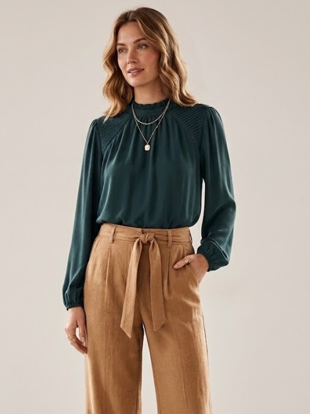 LOFT Dark Green Long-Sleeve Pintuck Yoke Blouse Size Medium
